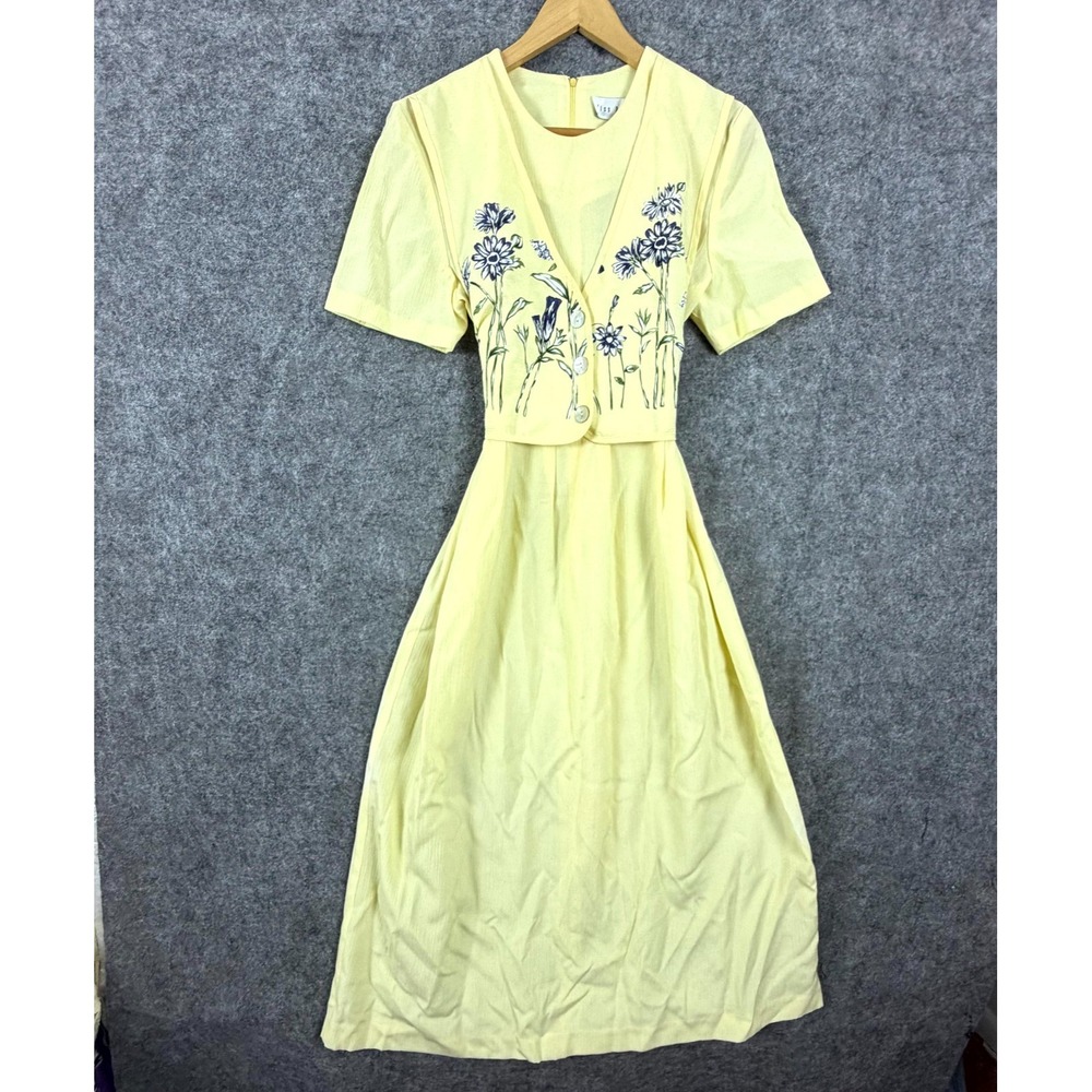 Vintage Miss Dorby Fit & Flare Dress Womens Yellow Floral Cottagecore Tie Waist